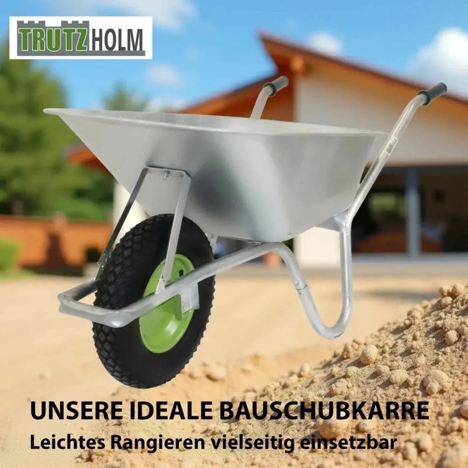 TRUTZHOLM Schubkarre mit verzinkter Stahlmulde, Luftrad und grün lackierter Stahlfelge.