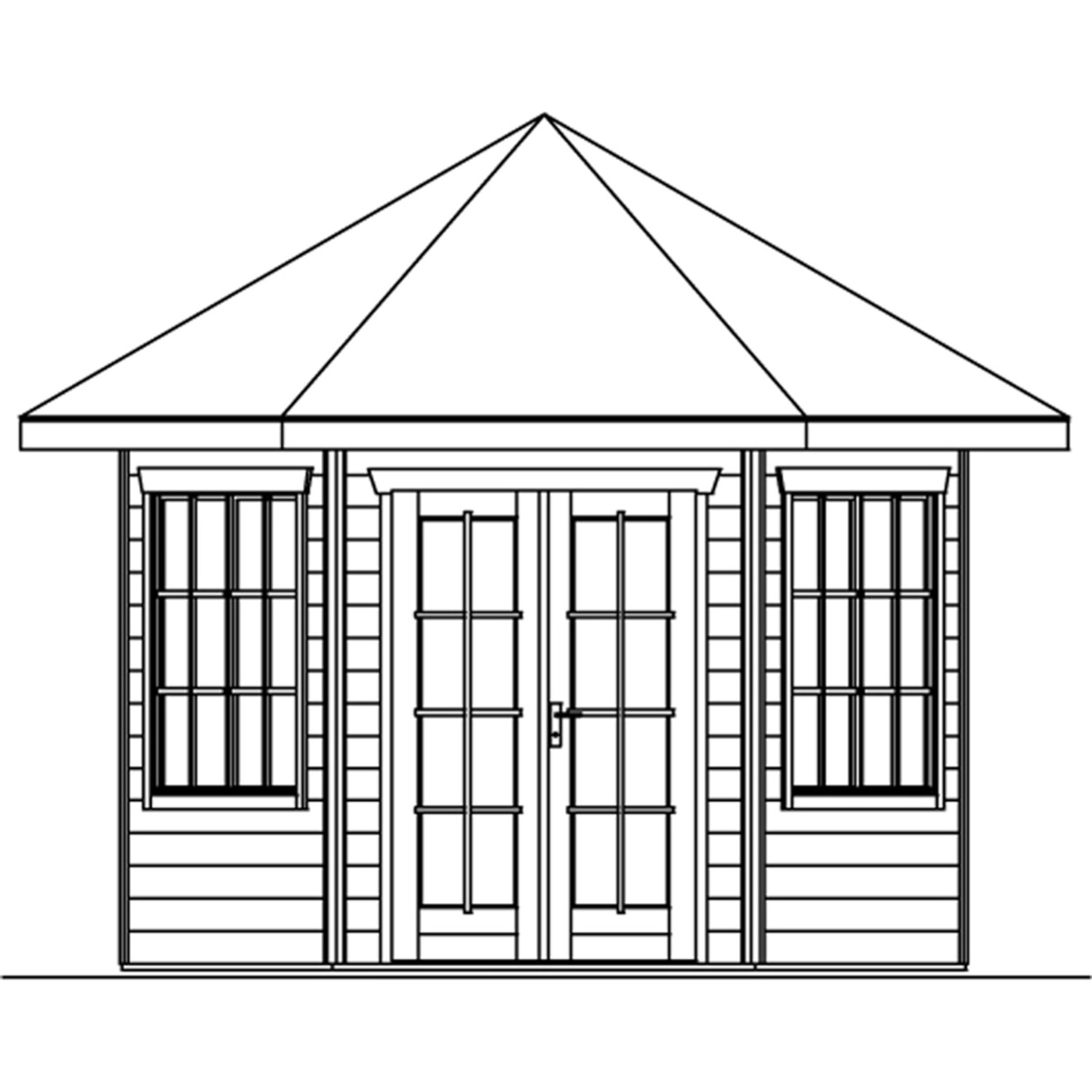 Holz-Pavillon Almelo in Schiefergrau, 350x303 cm, mit Doppeltür und Fenstern. Ideal als Gartenlaube.