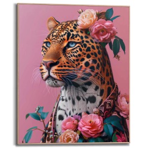 Gerahmtes Bild: Leopard mit Blumen, rosa Hintergrund, 50x40 cm. Moderne Deko für Teenager Zimmer.