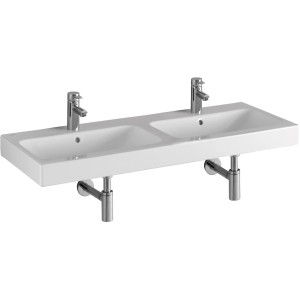 Geberit iCon Doppelwaschbecken, 120 cm, Weiß, mit zwei Becken und Armaturen.