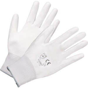 Weiße Malerhandschuhe Gr. 10 aus Nylon mit PU-Beschichtung für Feinarbeiten.