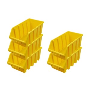 PROREGAL SuperSparSet: 5 gelbe Sichtlagerboxen aus Polypropylen, gestapelt.