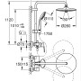 Technische Zeichnung: Grohe QuickFix Duschsystem Vitalio Joy 260 mit Maßen für die Wandmontage.