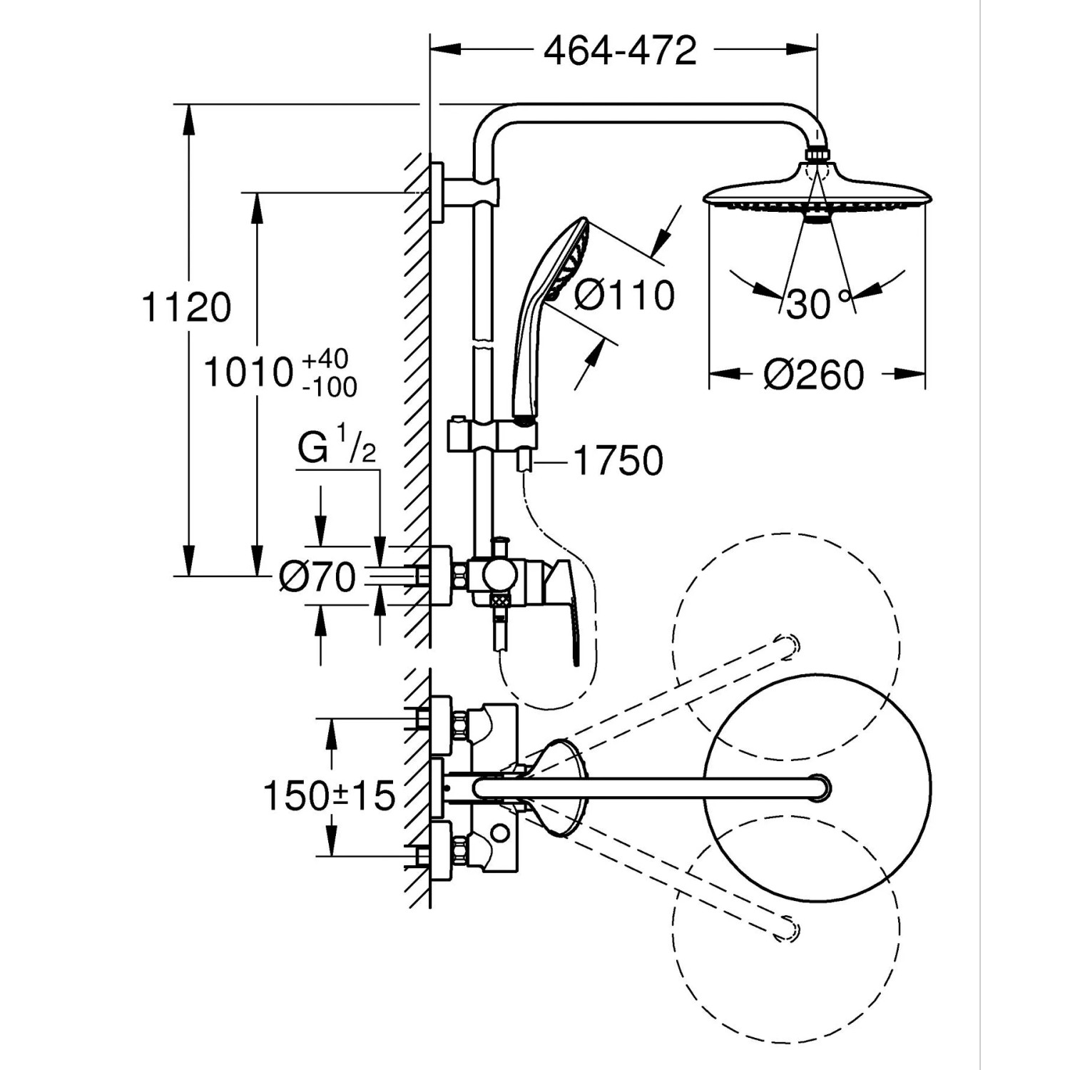 Technische Zeichnung: Grohe QuickFix Duschsystem Vitalio Joy 260 mit Maßen für die Wandmontage.