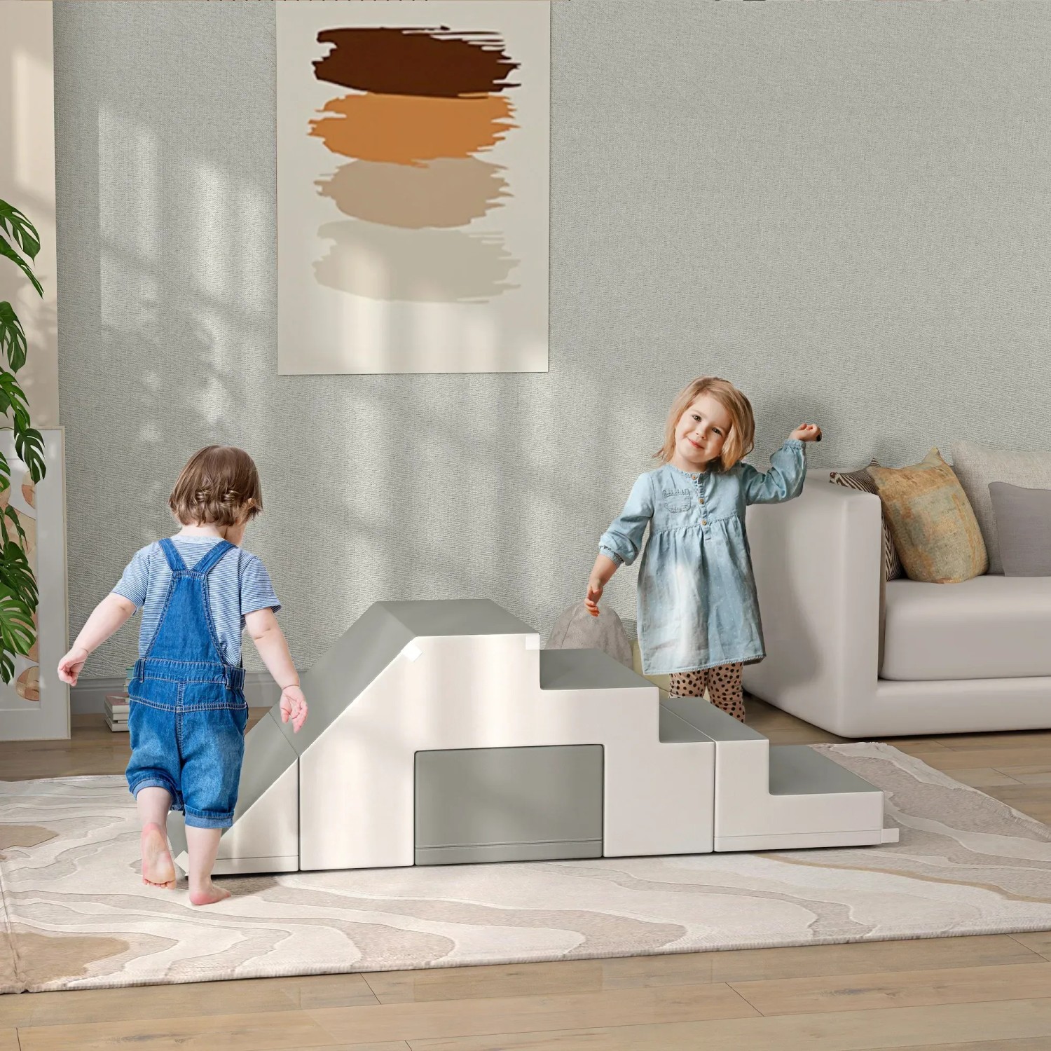 HOMCOM Kinder Softplay Set, grau, mit Rutsche und Treppe. Fördert die Motorik, ideal für Kinderzimmer.