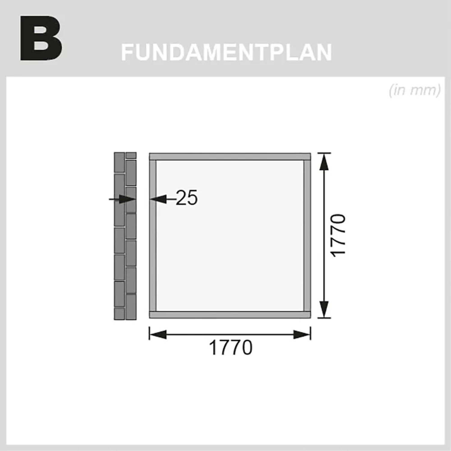 Fundamentplan für Karibu Gartenhaus Kristiansund, 178x178 cm, mit Maßangaben.