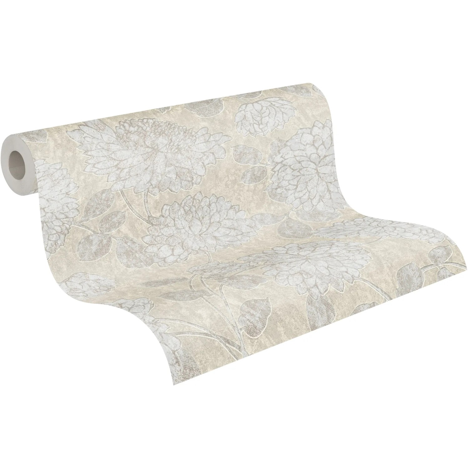 A.S. Création Vliestapete mit Blumenmuster in Beige und Weiß.