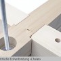 Detailaufnahme der Eckverbindung des Skan Holz Gartenhauses Montral, naturbelassenes Holz.