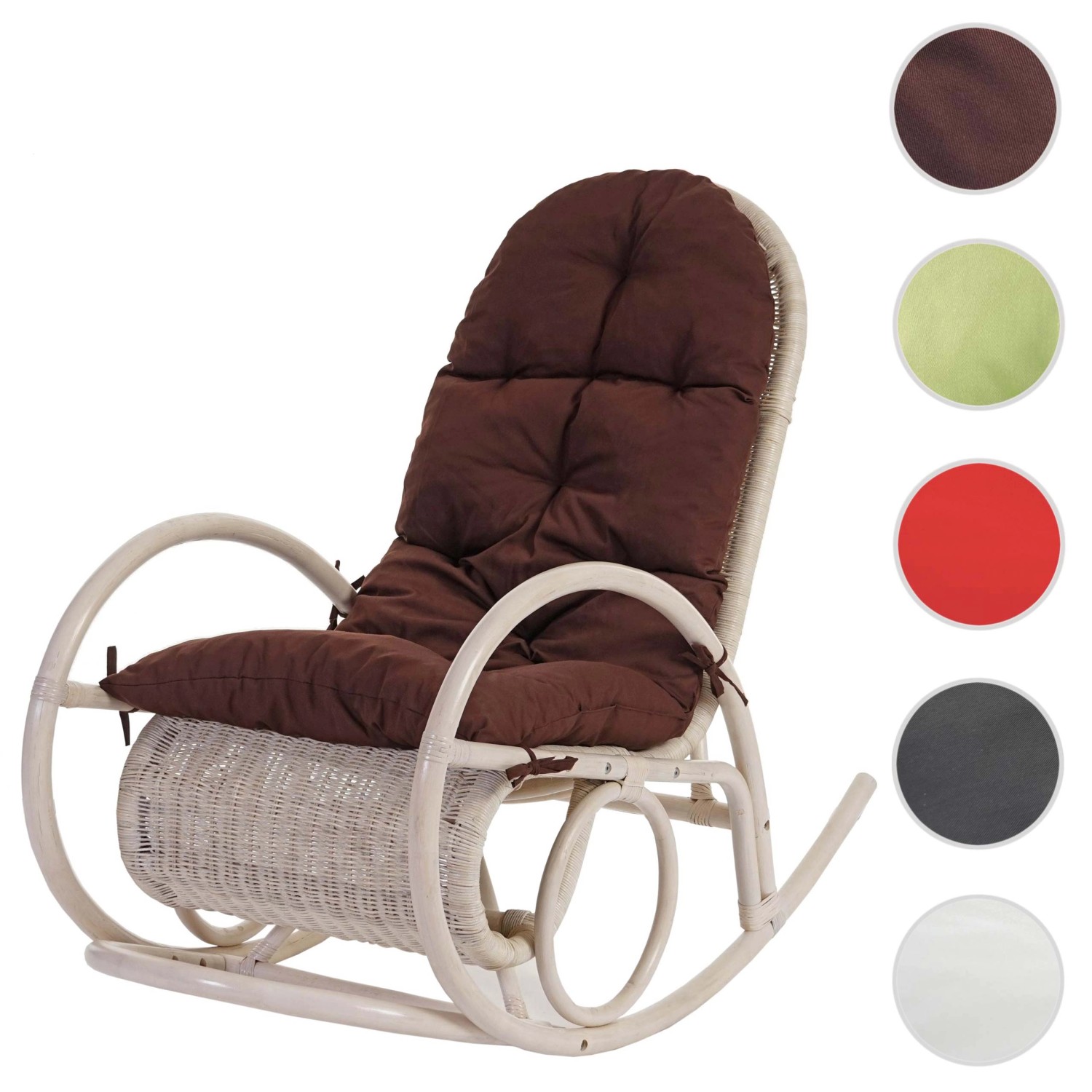 Schaukelstuhl Queluz mit brauner Auflage, Rattan weiß gewischt.