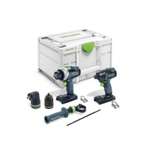 Festool Schrauber und Bohrer Set TID 18, TPC 18/4 mit zwei Akku-Geräten, Systainer, Bohrfutter, Winkelvorsatz und Zubehör. Grün-grau.