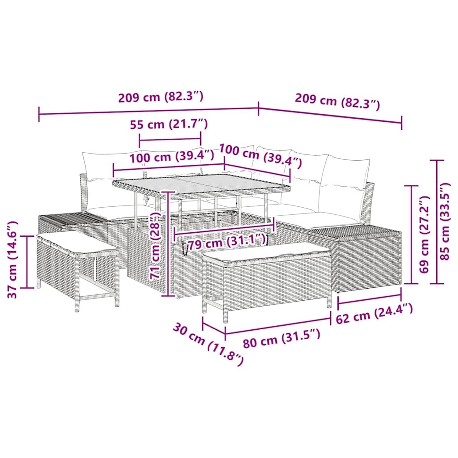 vidaXL Gartenmöbel-Set Beige, 8-teilig mit Sofa, Hockern und Tisch, Poly Rattan.