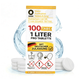 JUNG Oasis Wasseraufbereitung Tabletten Packung, 100 Stück, 1 Liter pro Tablette, für Camping & Outdoor Trinkwasser.