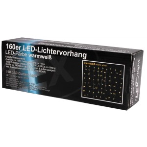 Lex 160er LED Lichtervorhang, warmweiß, für innen & außen, auf Produktverpackung. Transparente Kabel.