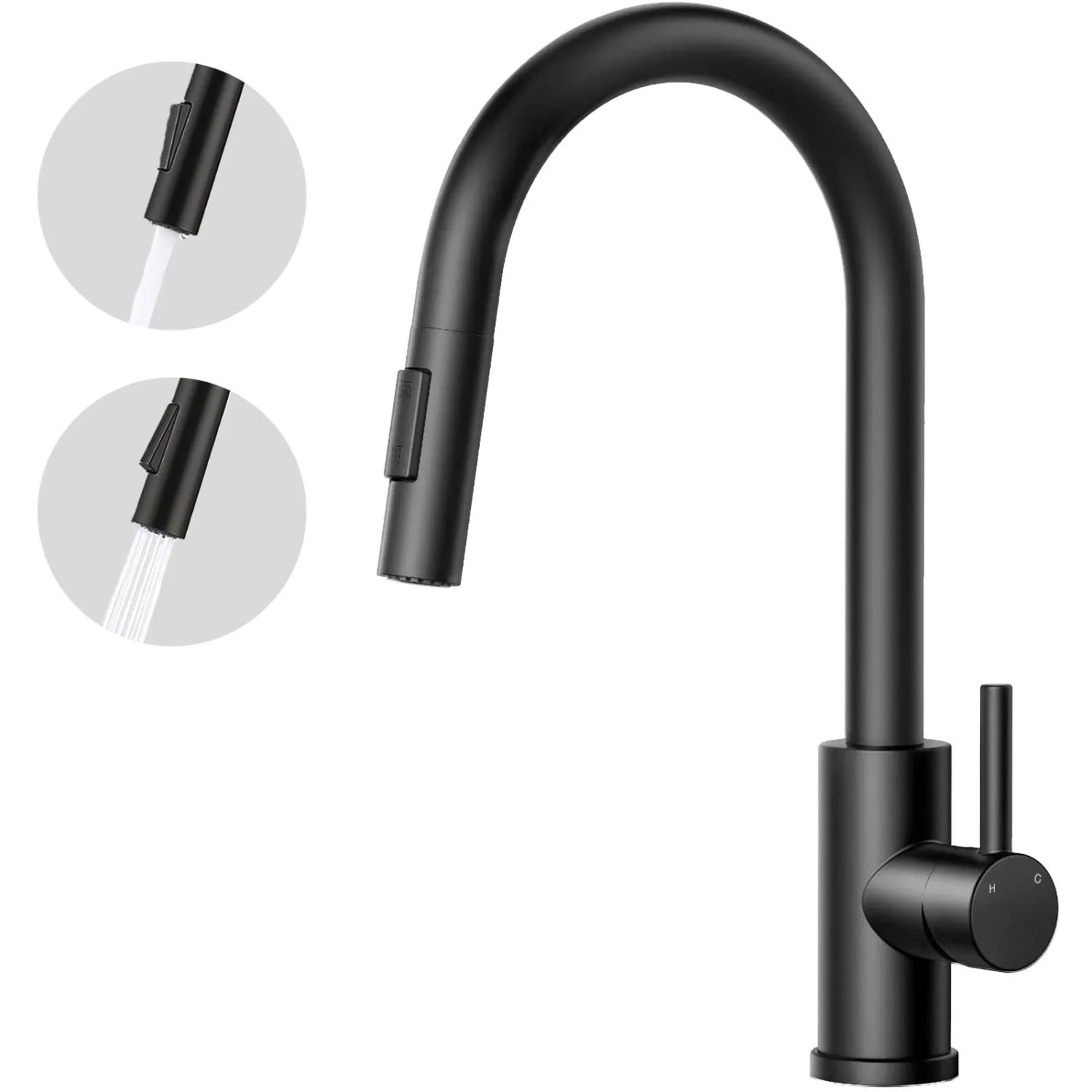 AICA Küchenarmatur Säulenbrause-Wasserhahn Küche Zwei Wasserauslassmodi Mischbatterie Ausziehbar 360° Drehbar Einhand-Spültischarmatur Schwarz Matt