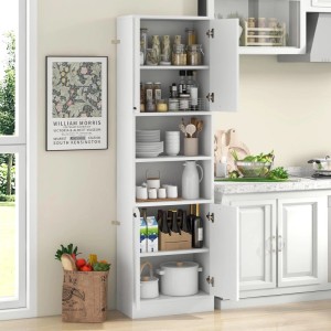 Weißer 190 cm hoher Küchenschrank mit offenen Türen, gefüllt mit Geschirr, Gläsern und Vorräten. Vielseitiger Hochschrank für Küche, Bad.