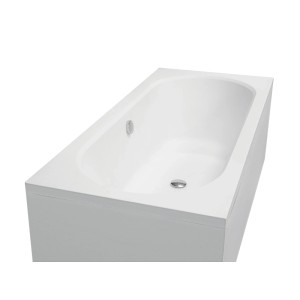 Weiße rechteckige VITAE Acryl-Badewanne 180x80 mit integrierter Acrylschürze, Ablauf und Füßen.