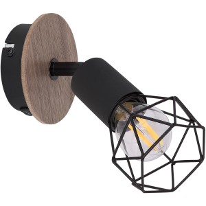 Globo Spot Xara I: Schwarzer Metall-Spot mit Holzdetails und Gitter-Lampenschirm.