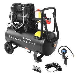 STAHLWERK Kompressor ST-310 Pro mit Zubehör: Ölfreier Flüsterkompressor, Reifenfüller, Schlauch und Verteiler.