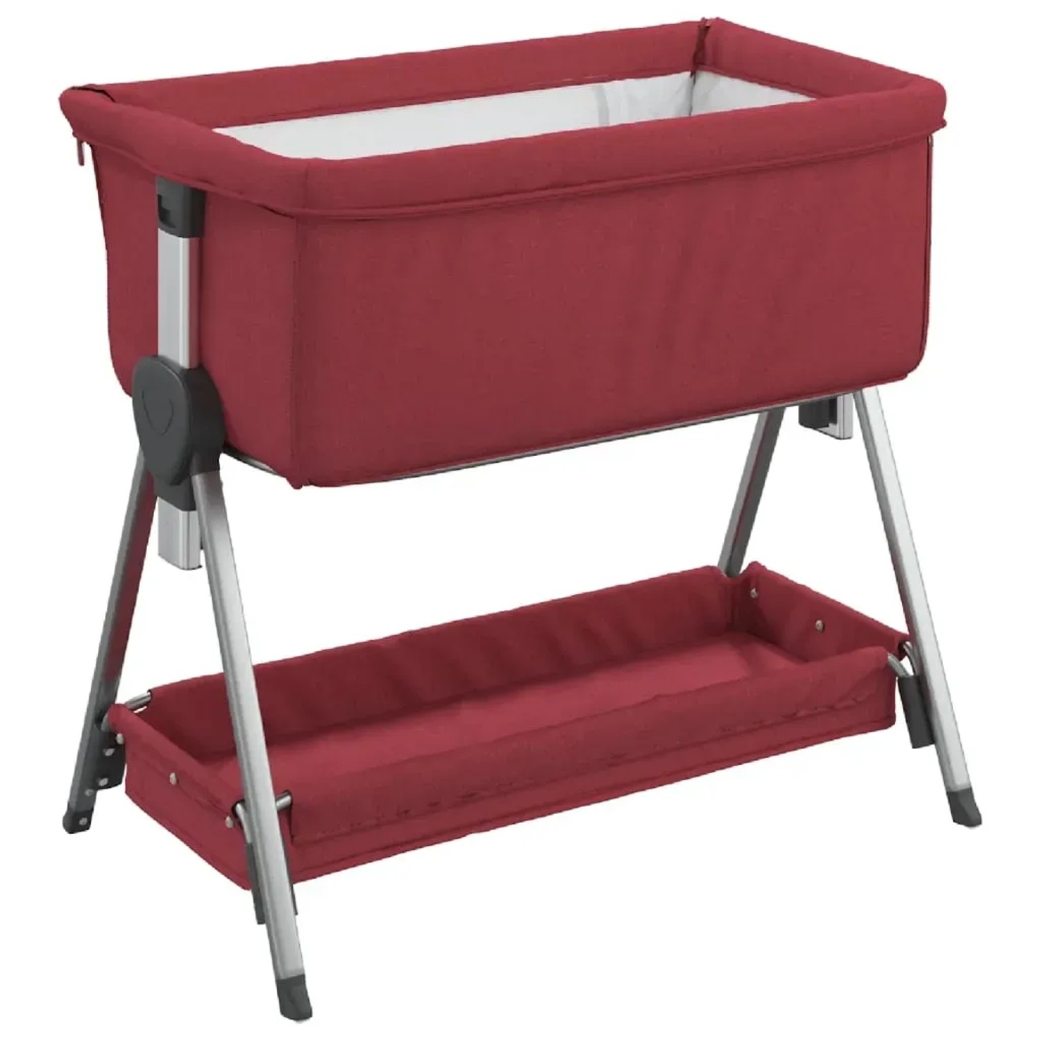 Rotes vidaXL Babybett aus Leinenstoff mit Matratze und Stauraum. Höhenverstellbares Beistellbett für Babys.