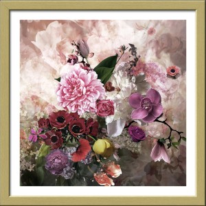 Gerahmtes Blumenbild Anonymus Baroque Flowermi, 32,5x32,5 cm, florales Motiv in Rosa- und Rottönen.