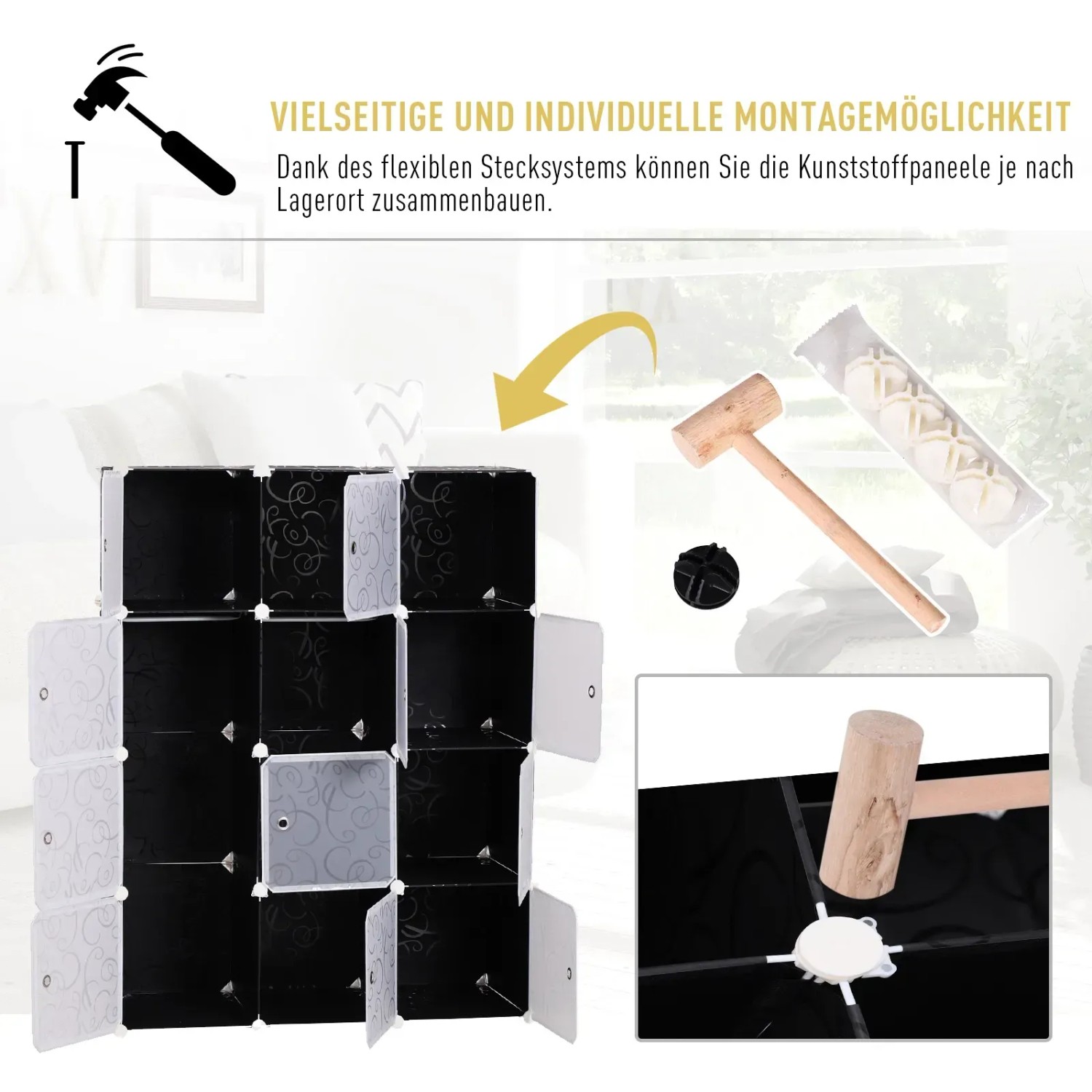Schwarzer DIY Kleiderschrank aus Kunststoff mit Metallrahmen und Holzzubehör.