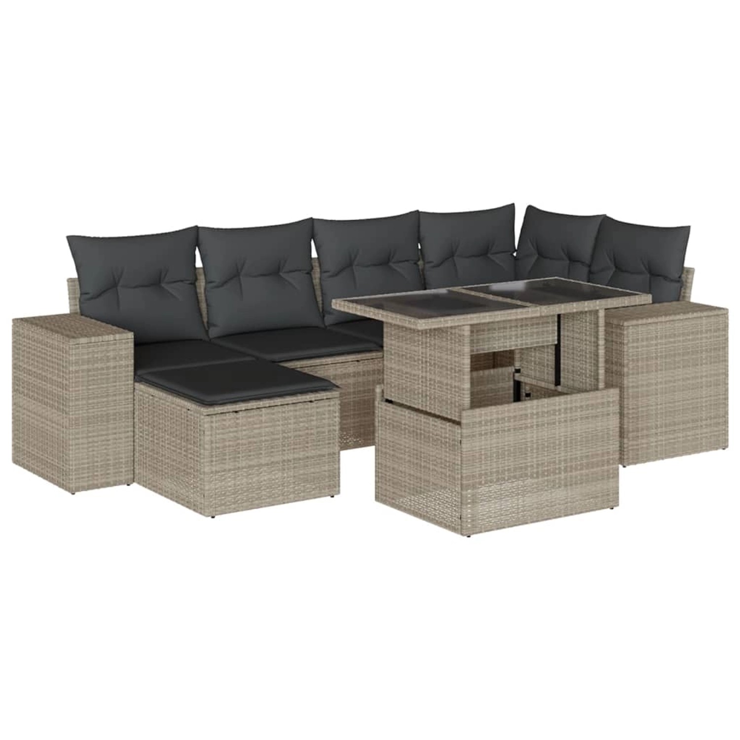 vidaXL 7-Tlg Garten-Sofagarnitur mit Kissen Hellgrau Poly Rattan 3269312