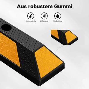 Wiltec Radstopper aus schwarzem Gummi mit gelben Reflexstreifen. Robuste, witterungs- & UV-beständige Einparkhilfe.