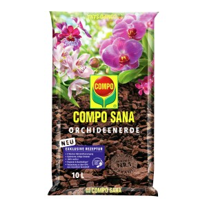 Sack Compo Sana Orchideenerde, torffrei, 10 l, mit Orchideenblüten auf der Packung.