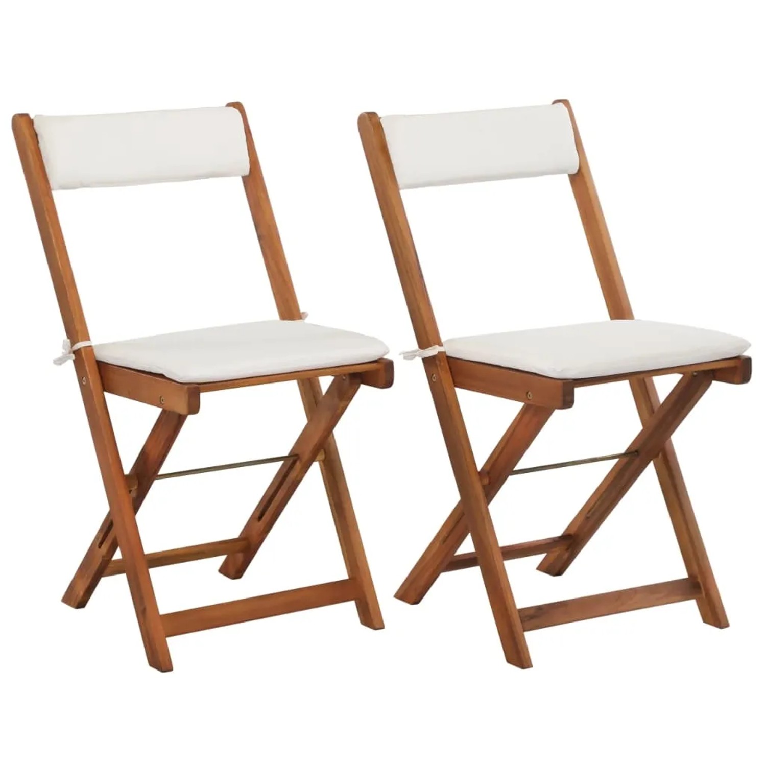 Zwei klappbare Akazienholz-Stühle mit weißen Auflagen für ein vidaXL Bistro-Set Gartenmöbel.