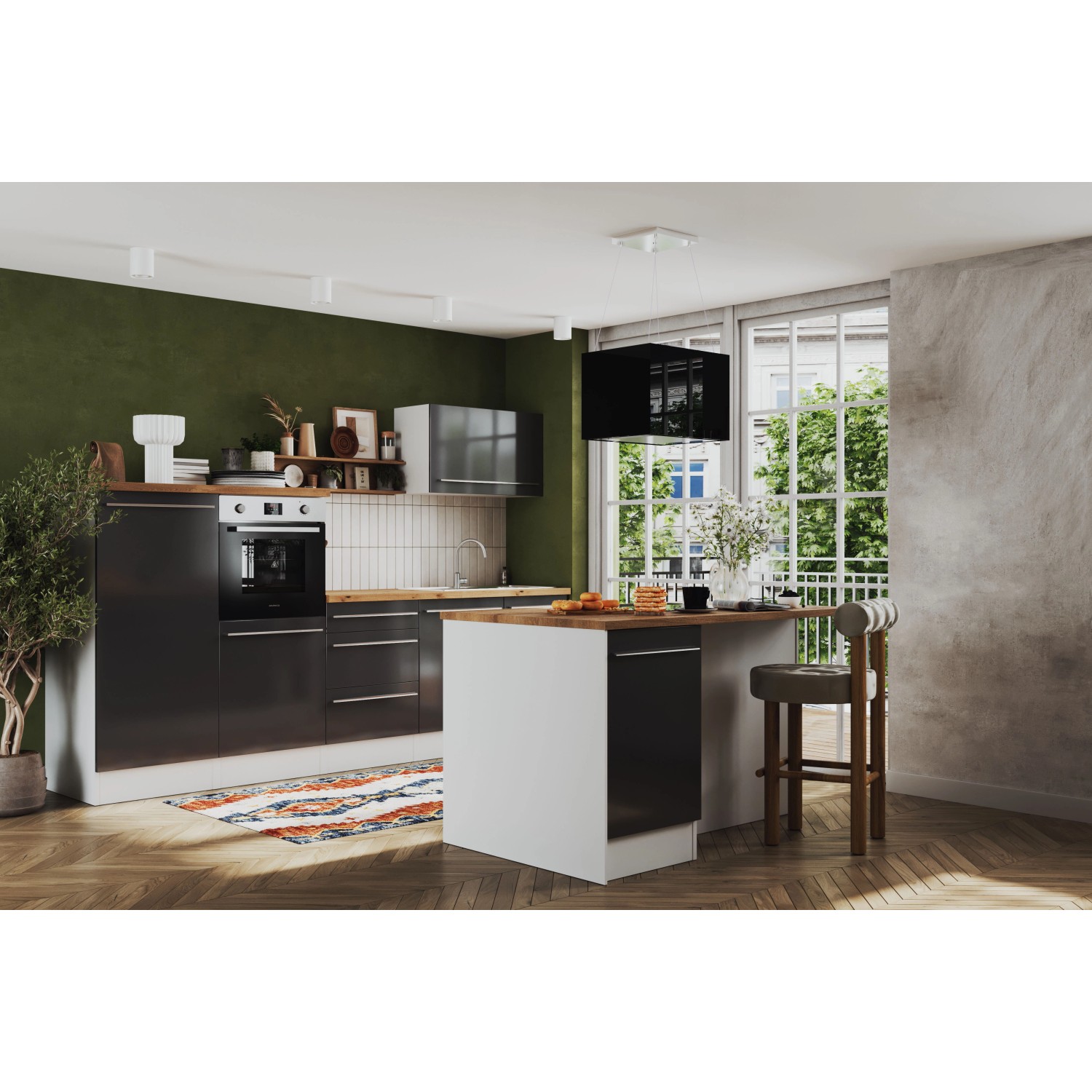 Respekta Inselküche Gabriel, 290 cm, Grau Hochglanz mit E-Geräten und Kochinsel.