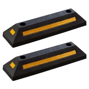 Zwei schwarze Wiltec Gummi-Radstopper mit gelben Reflexstreifen. Einparkhilfe für Garage und Parkplatz.
