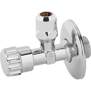 Verchromtes Waschgeräte-Eckventil mit Schubrosette, 21 mm Anschluss, zur Wasserregulierung.