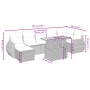 vidaXL 8-tlg. Garten-Sofagarnitur aus Rattan (schwarz) mit Tisch, Hockern und Kissen. Abmessungen sichtbar.