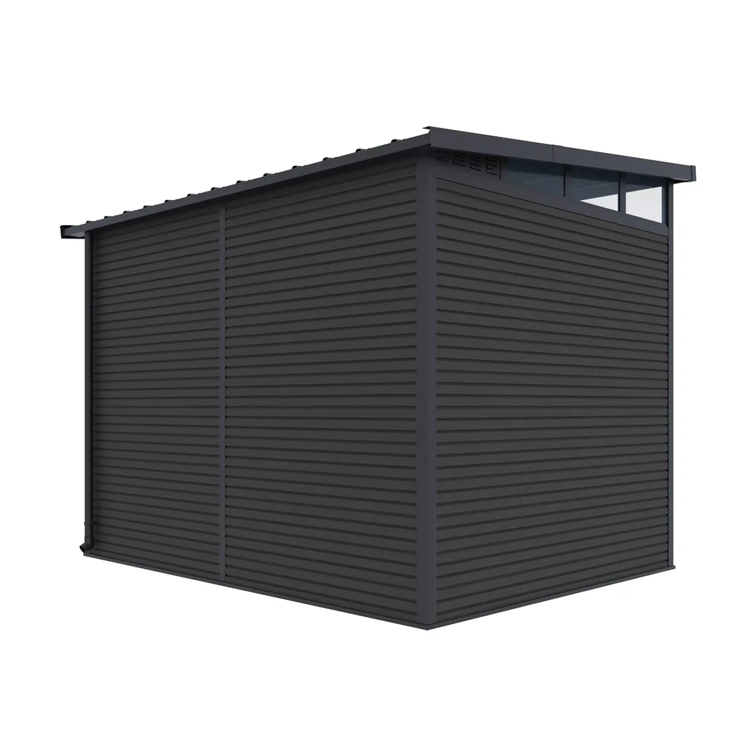 Modernes, anthrazitfarbenes Weide Gartenhaus/Gerätehaus aus Aluminium mit Doppeltür.