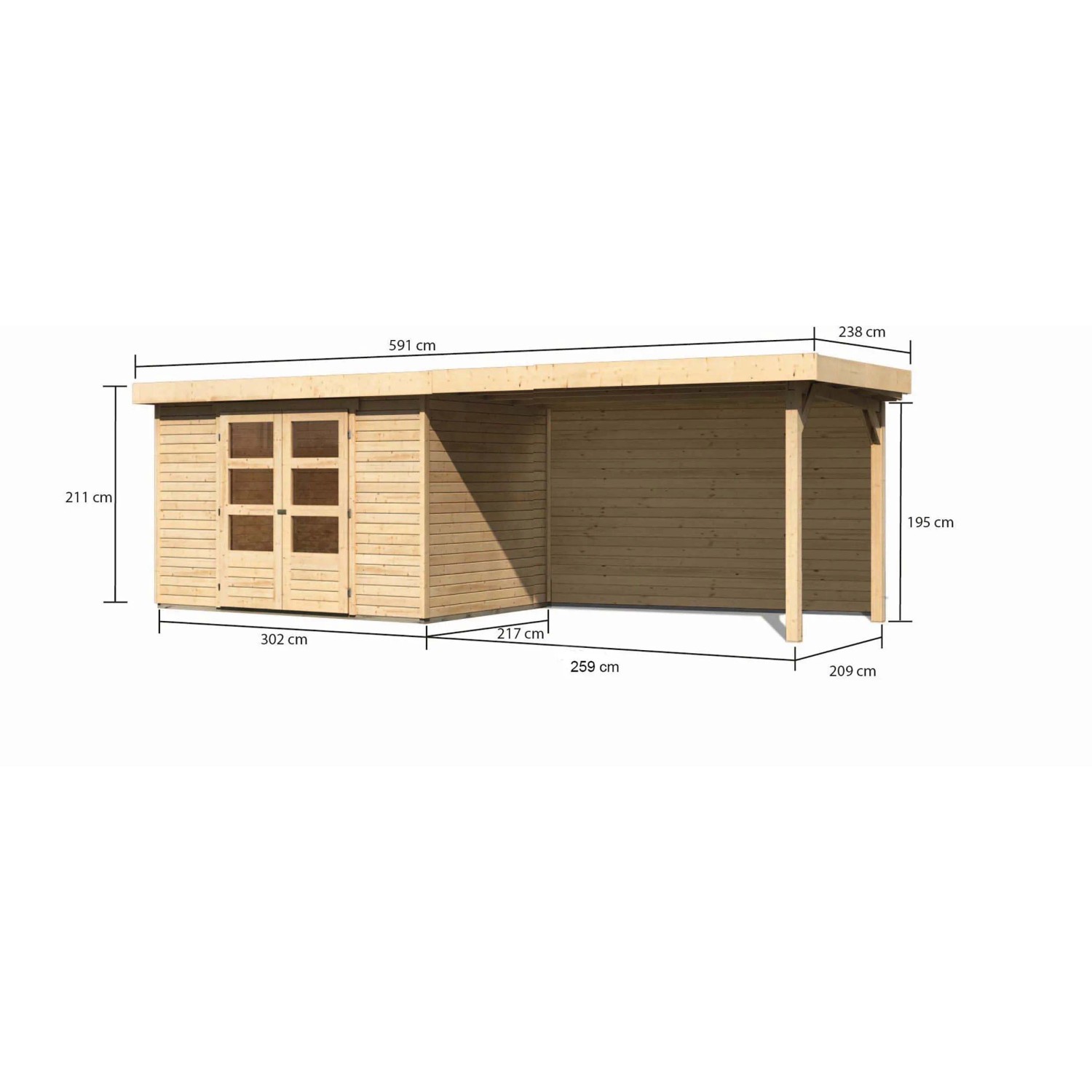 Karibu Holz-Gartenhaus Boras mit Flachdach, unbehandelt, mit Maßangaben.