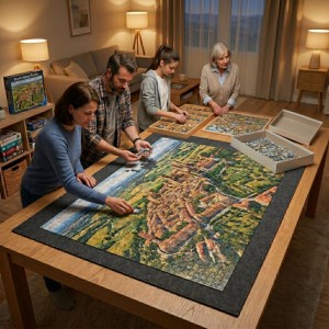 Graue faltbare Relaxdays Filz-Puzzlematte auf Holztisch, Familie puzzelt. Rutschfeste Unterlage für kreatives Gestalten.