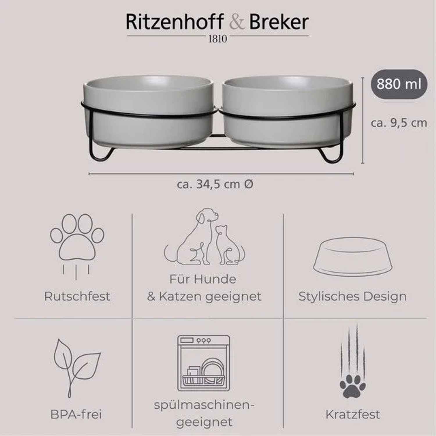 Ritzenhoff & Breker Taro Hundenapf-Set, 2 Steingutnäpfe mit Napfhalter für komfortable Fressposition.