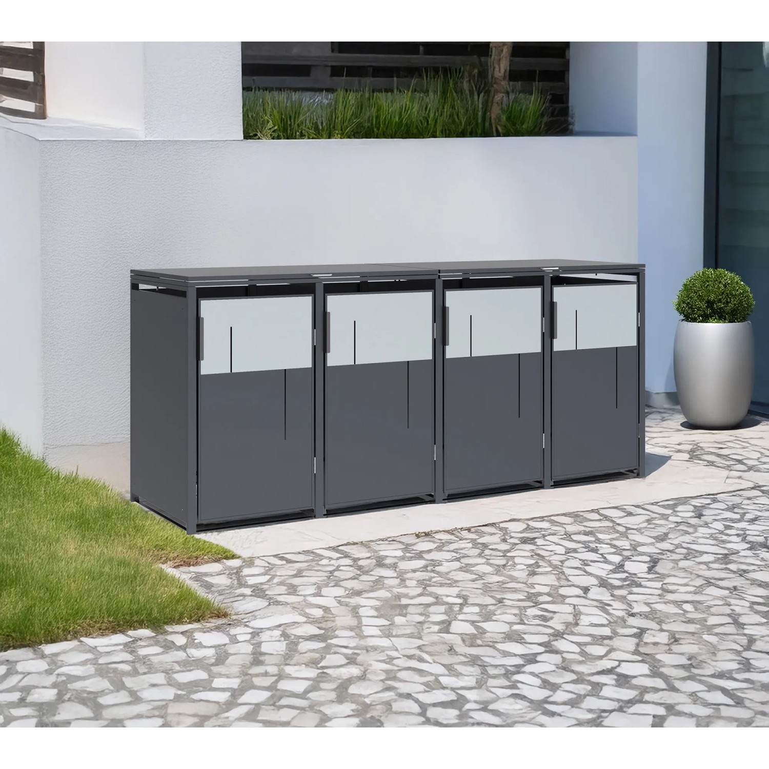 Westmann Mülltonnenbox Tonus 4 in Anthrazit für vier 240L Tonnen. Moderne Mülltonnenverkleidung aus Stahl.