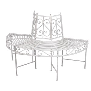 Halbkreisförmige Baumbank Varda in Antik-Weiß aus Metall für den Garten.