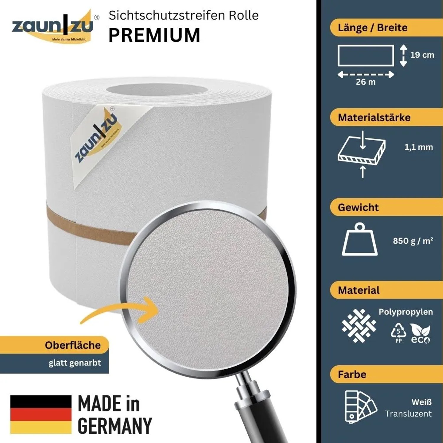 zaunzu Sichtschutz Premium, weiße Zaunblende für Doppelstabmattenzaun, 26m Rolle.