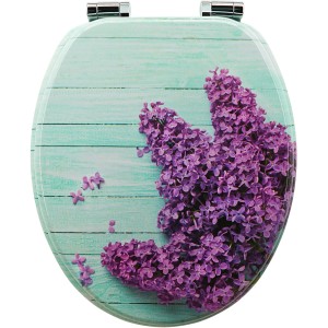 Sanfino WC-Sitz Wisteria: Toilettendeckel aus Holz mit Absenkautomatik und lila Blumenmuster.
