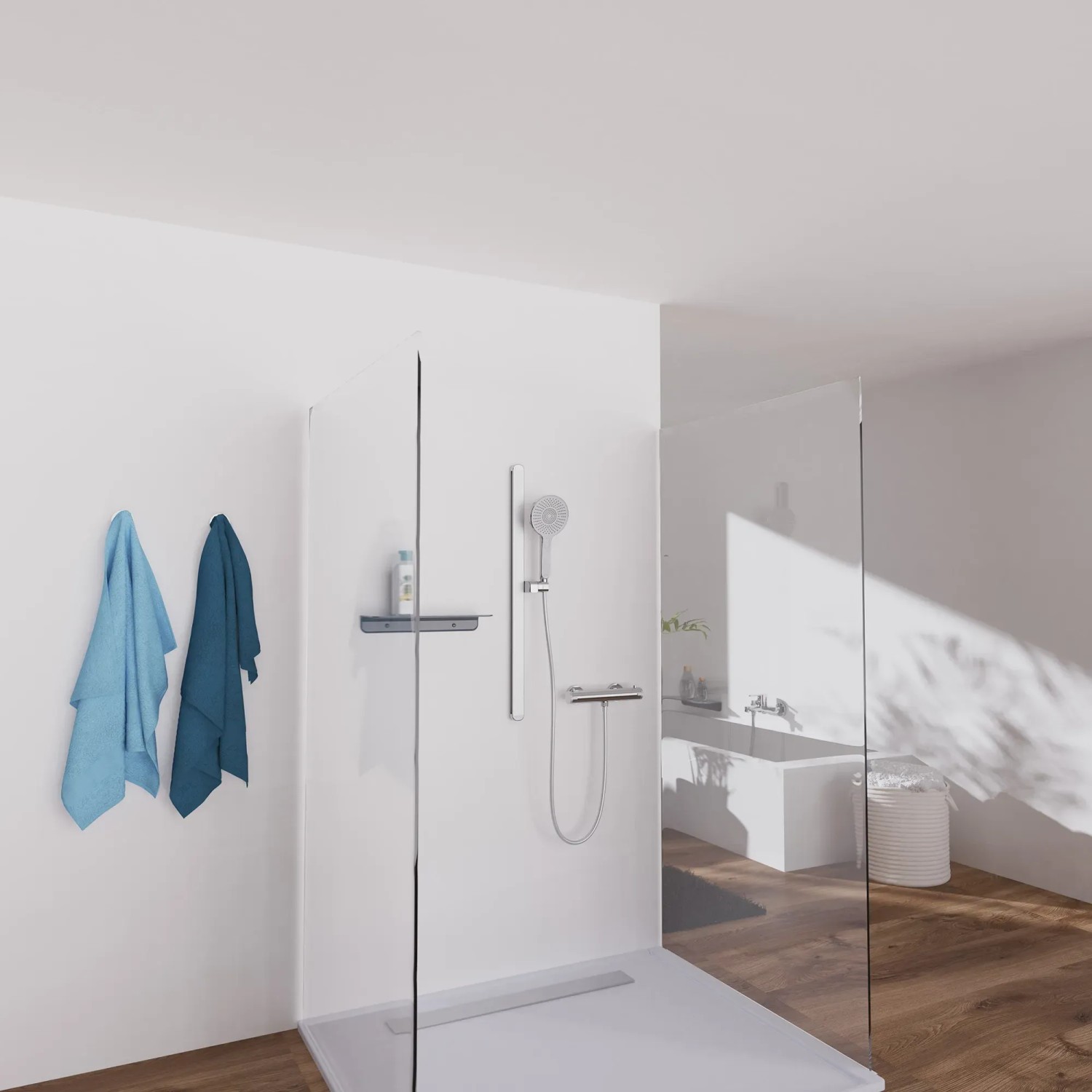 Schütte Stangenbrause-Set Karibik Oval Chrom-Hellgrau im modernen Badezimmer.