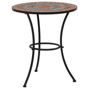 Mosaik Bistrotisch in Orange/Grau, 60 cm Durchmesser, Keramik Tischplatte, ideal für Balkon und Garten.