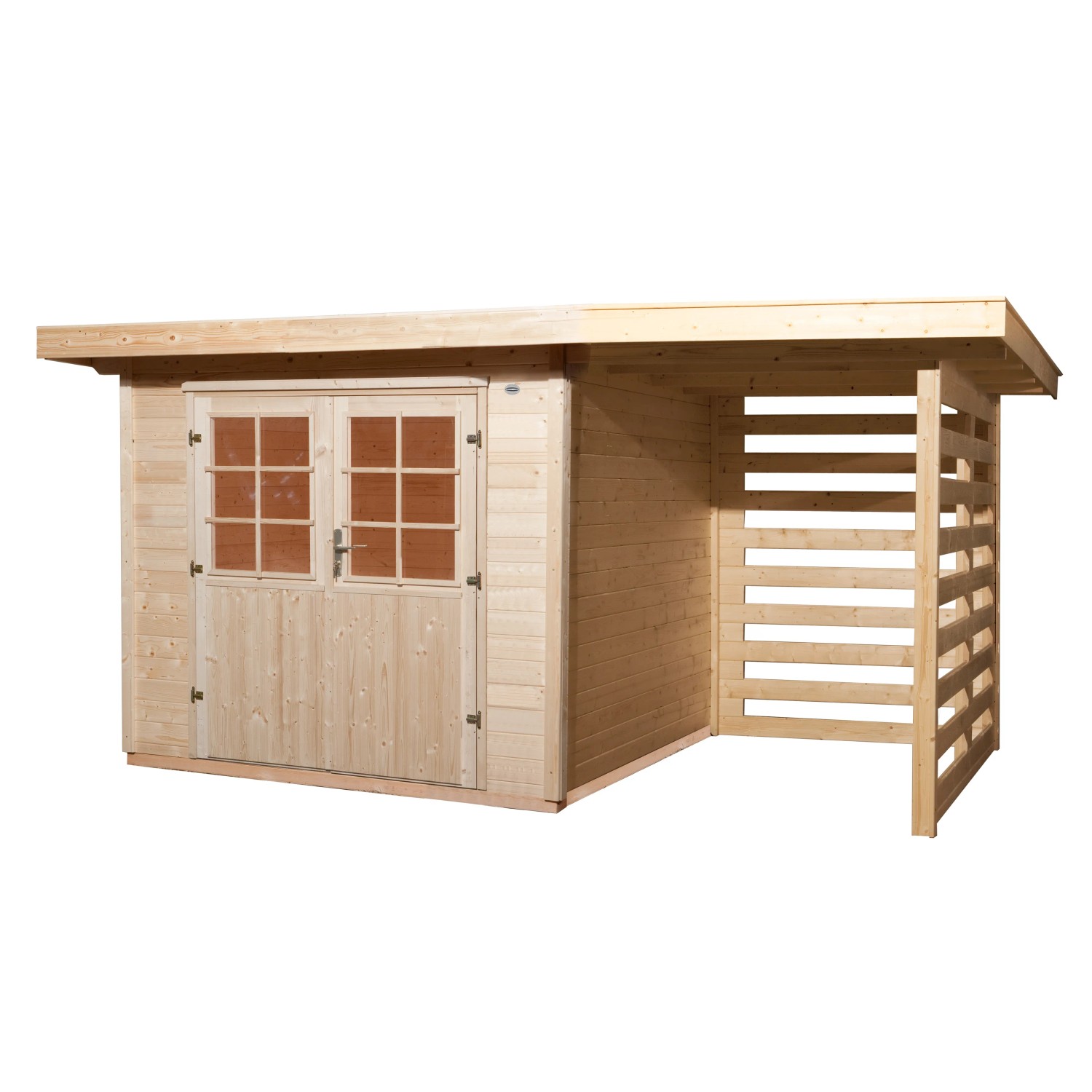 OBI Holz-Gartenhaus La Spezia mit Anbaudach, naturbelassen. Gartenhaus aus Fichtenholz mit Doppeltür und Pultdach.