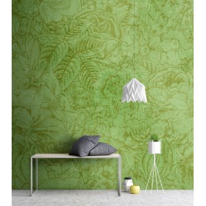 Grüne Fototapete mit Blumen- und Dschungelmotiv, 4,00 m x 2,70 m, FSC®-zertifiziert.