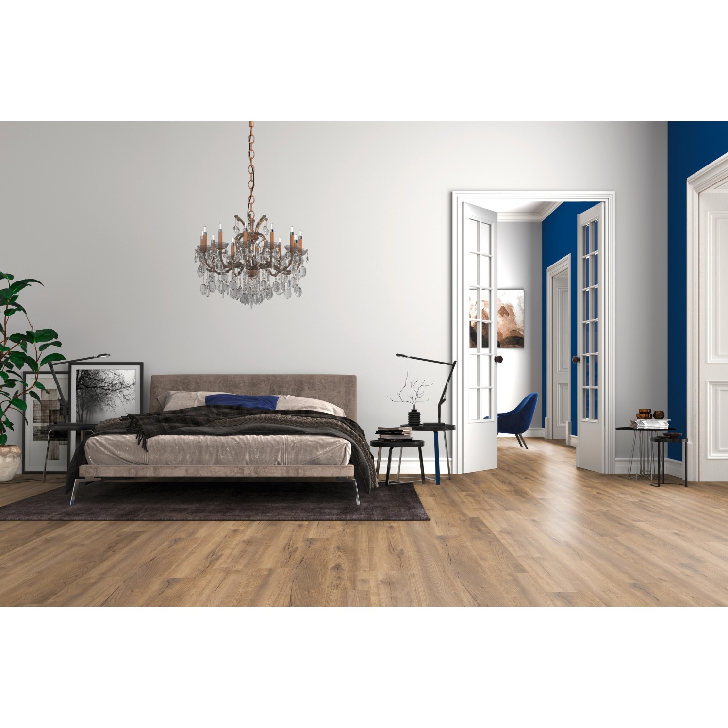 Verlegter Jangal Laminatboden Oak National Park Line Ultimate Lunga im Schlafzimmer.