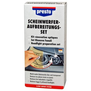Presto Scheinwerfer-Aufbereitungs-Set zur Reinigung und Versiegelung von Autoscheinwerfern.