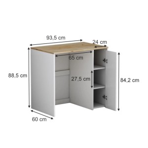 Waschmaschinenschrank Viktor in Weiß/Holzoptik mit 3 Fächern und Maßangaben.