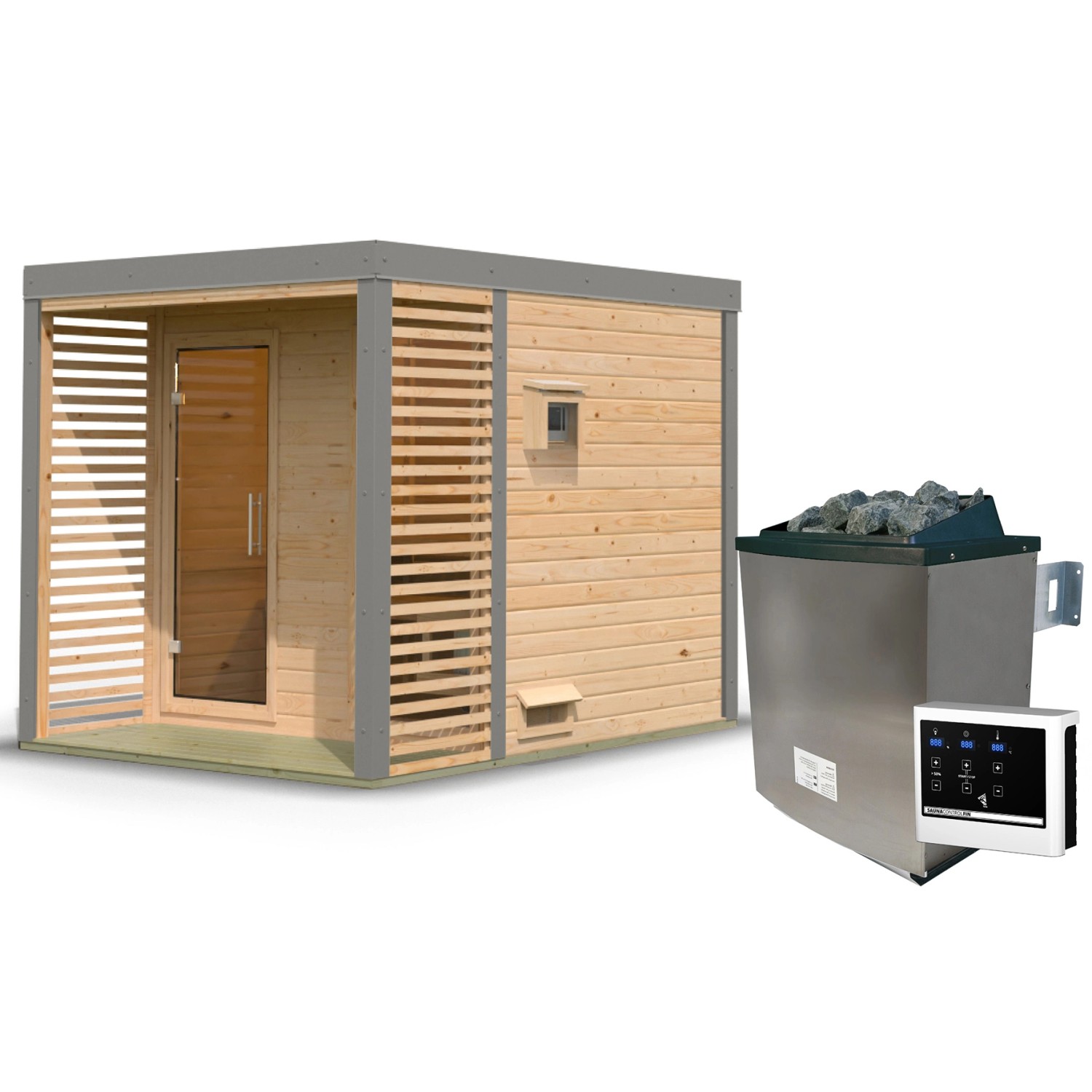 Karibu Saunahaus Seros 2 Zoll mit Ofen 9 kW Extern Naturbelassen/Graualumin günstig online kaufen