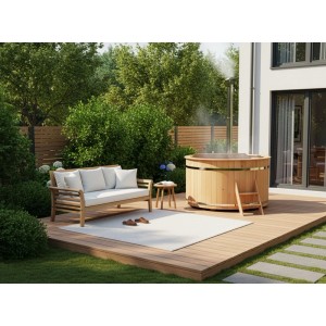 Holz-Badefass Bergen Ø 160 cm mit Ofen und Leiter im Garten.